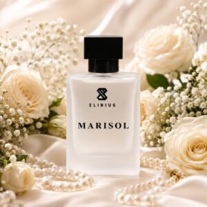 elirius-marisol-women-perfume Elirius Marisol perfume bottle with a black cap, surrounded by white roses, baby's breath, and pearl necklaces