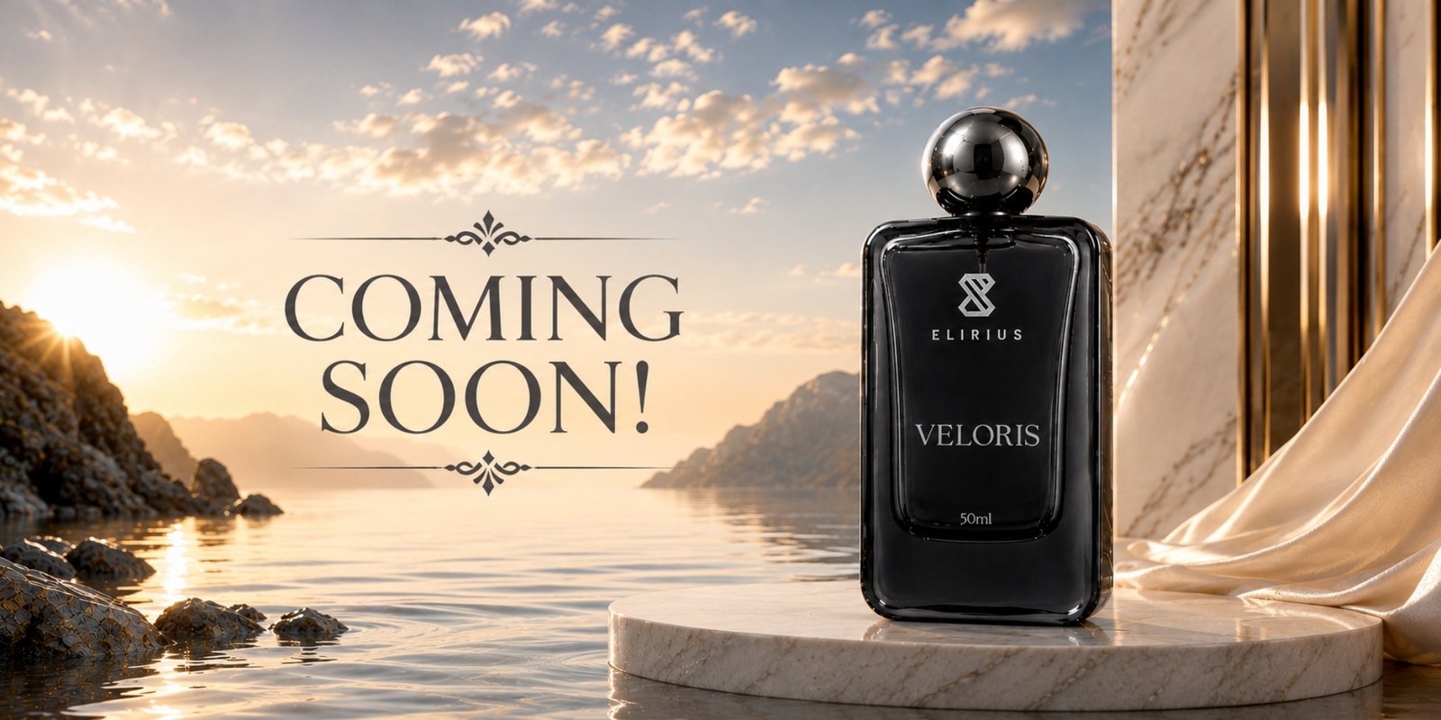 Coming Soon! Elirius Veloris 50ml perfume bottle displayed against a sunset coastal backdrop